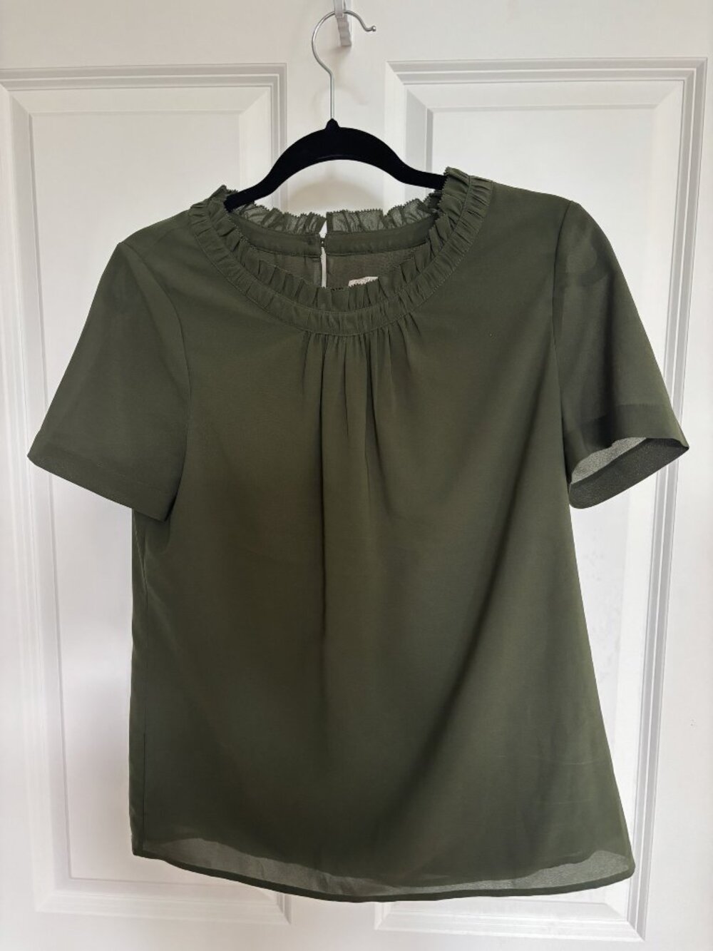 J.Crew Olive Green Ruffle Neck Short Sleeve Blouse, Fits S/M
